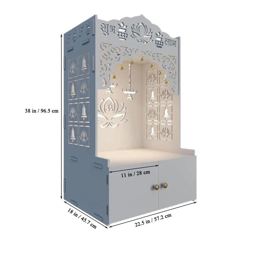 Custom Size White Freestanding Pooja Mandir Temple Cabinet for Home Puja and Hindu Temple Use