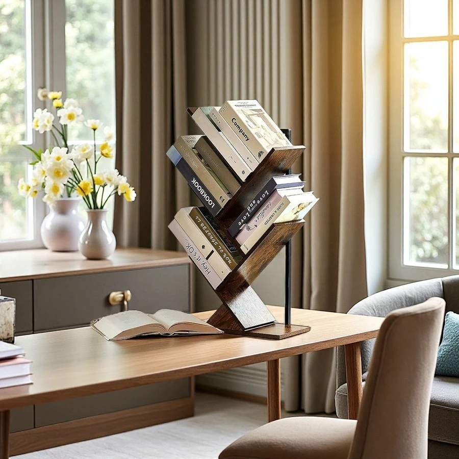 Wholesale 5-Tier Tree Bookcase Wooden Wall Mounted Shelves Storage for Displaying Books