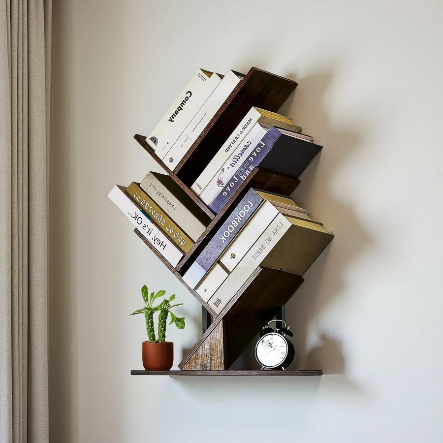 Wholesale 5-Tier Tree Bookcase Wooden Wall Mounted Shelves Storage for Displaying Books