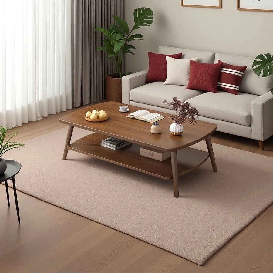 Custom Wooden Coffee Table 2 Tier Center Table with Storage Shelf for Home Use