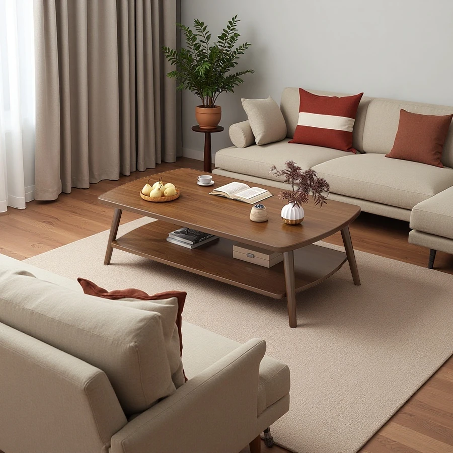 Custom Wooden Coffee Table 2 Tier Center Table with Storage Shelf for Home Use