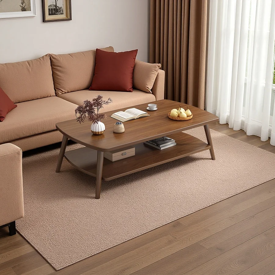 Custom Wooden Coffee Table 2 Tier Center Table with Storage Shelf for Home Use