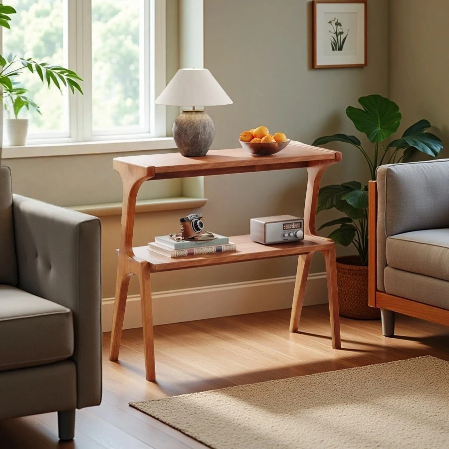 Customized Modern Solid Wood End Table Narrow Sofa Side Table with Storage Shelves