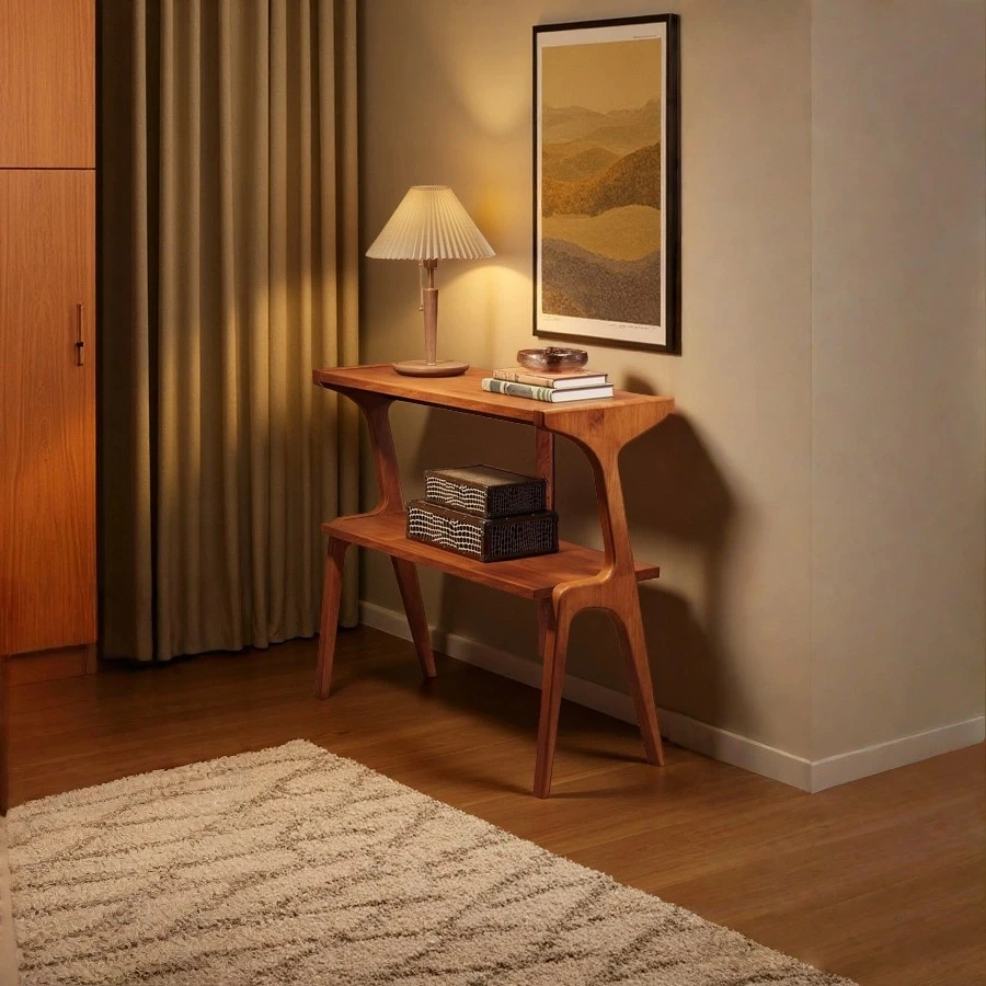 Customized Modern Solid Wood End Table Narrow Sofa Side Table with Storage Shelves