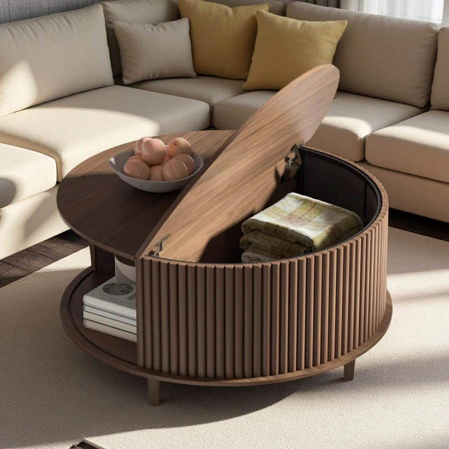 Customized Round Coffee Table with Storage Space Fluted Center Table with Sliding Door