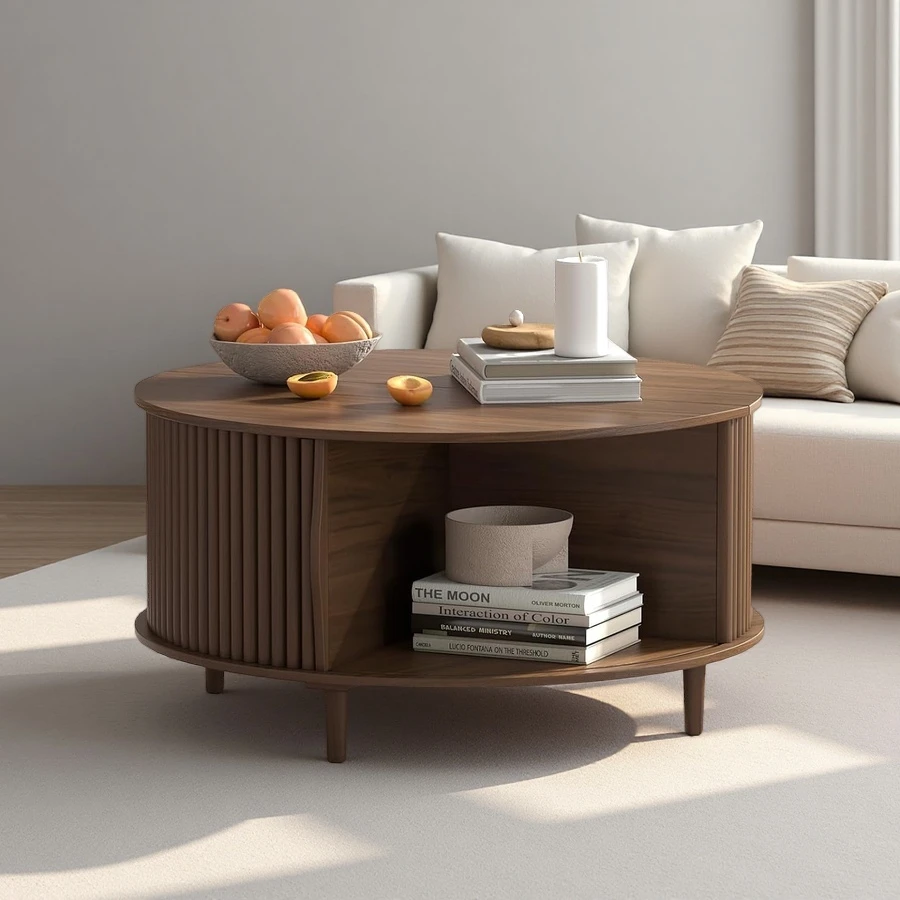 Customized Round Coffee Table with Storage Space Fluted Center Table with Sliding Door