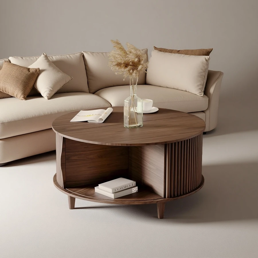 Customized Round Coffee Table with Storage Space Fluted Center Table with Sliding Door