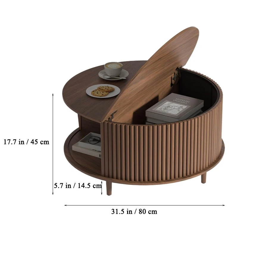 Customized Round Coffee Table with Storage Space Fluted Center Table with Sliding Door