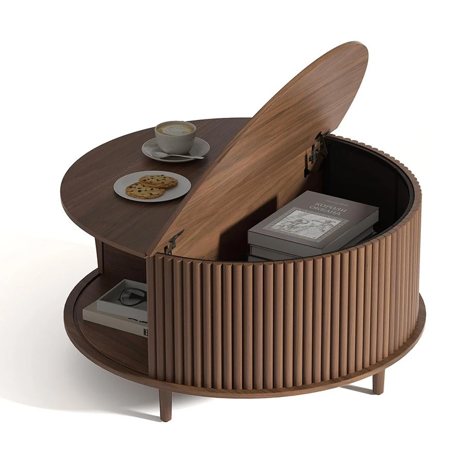 Customized Round Coffee Table with Storage Space Fluted Center Table with Sliding Door