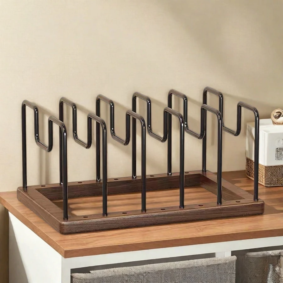 Solid Walnut Wood Pots and Pans Organizer Rack for Countertop or inside Cabinet