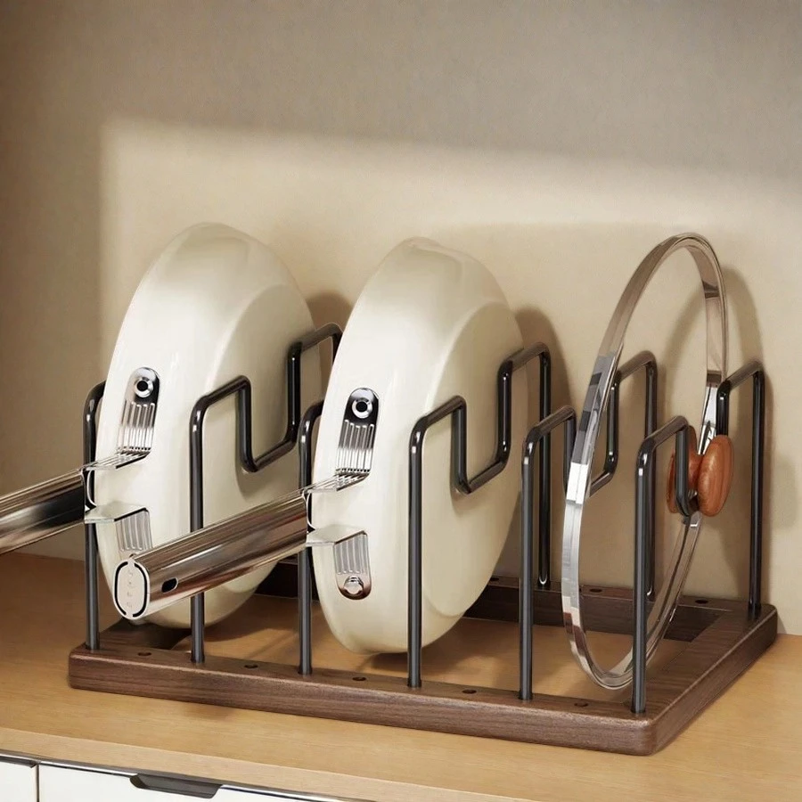 Solid Walnut Wood Pots and Pans Organizer Rack for Countertop or inside Cabinet