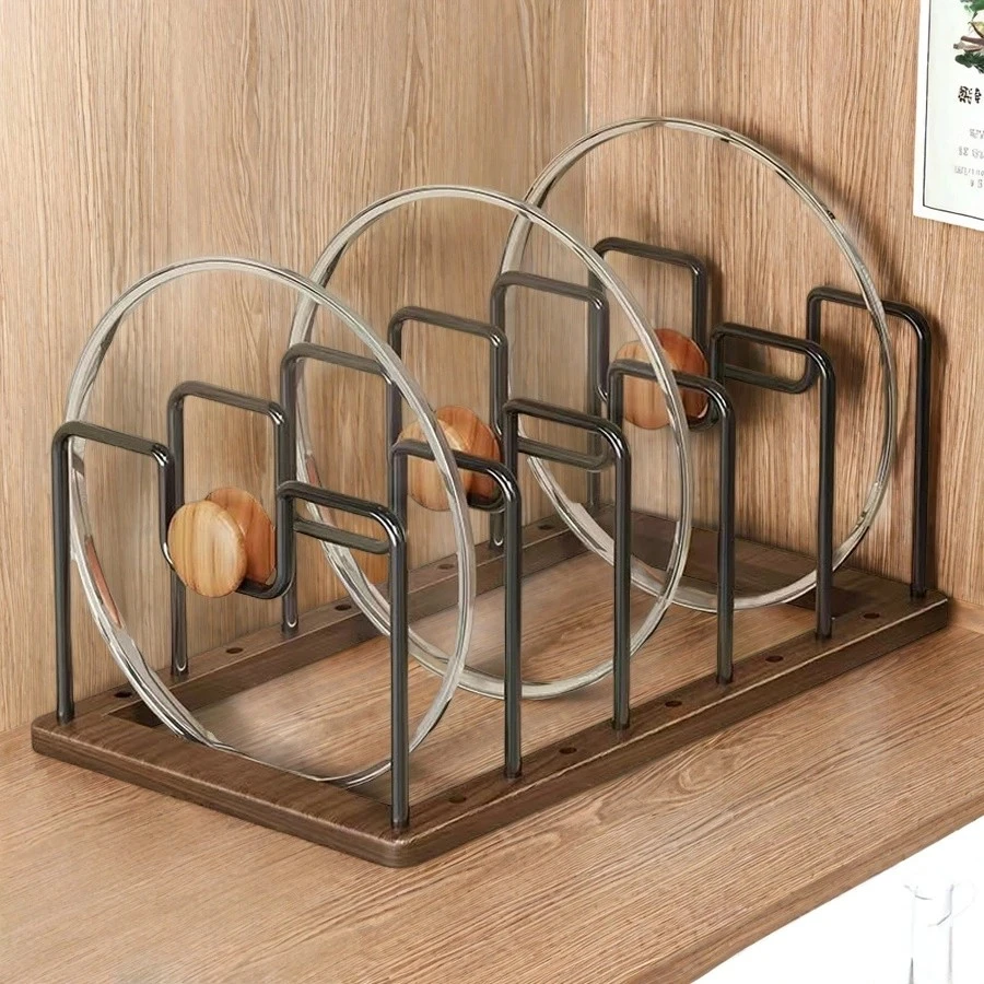 Solid Walnut Wood Pots and Pans Organizer Rack for Countertop or inside Cabinet