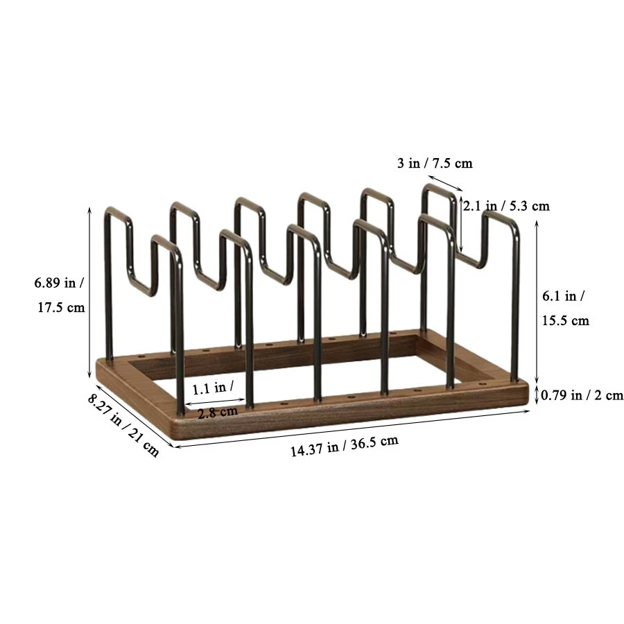 Solid Walnut Wood Pots and Pans Organizer Rack for Countertop or inside Cabinet