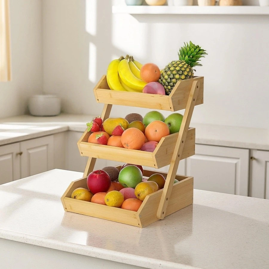Customized 3 Tier Bamboo Fruit Basket Organizer Home Storage and Display