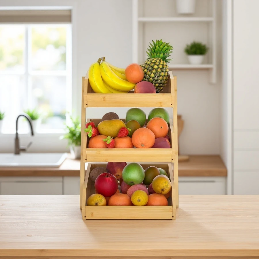 Customized 3 Tier Bamboo Fruit Basket Organizer Home Storage and Display