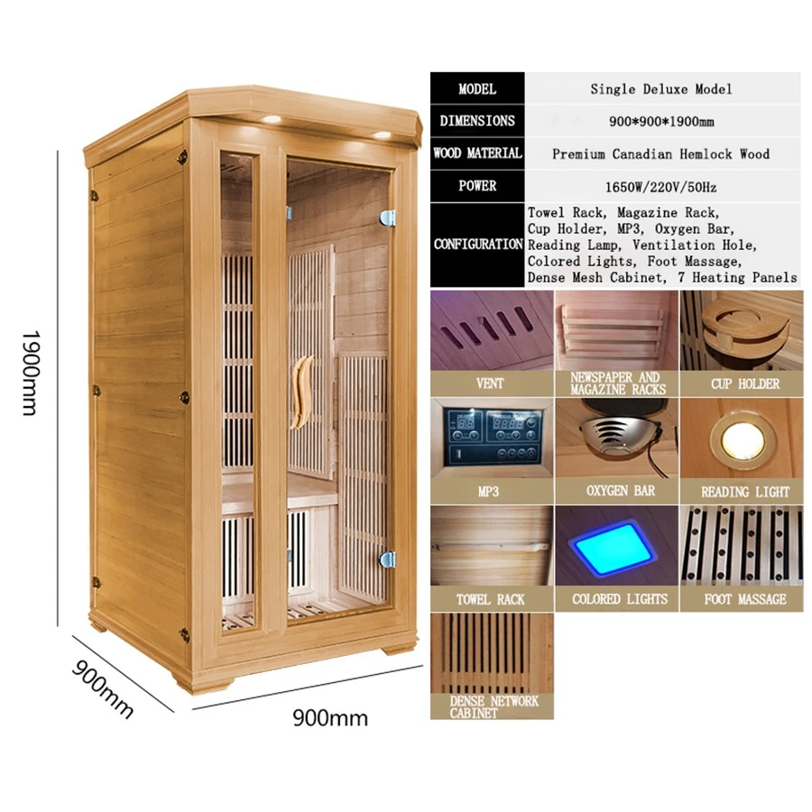Factory Direct Sale Luxury Hemlock Solid Wood 1-Person Sauna Room