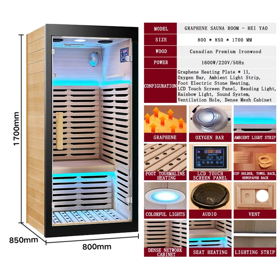 Factory Direct Supply 1 Person Graphene Sauna Room with Stainless Steel Edging