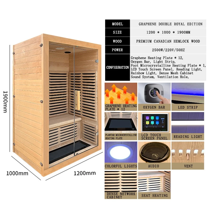 Custom Solid Wood 2 Person Indoor Sauna Room with Plantar Microcrystalline Heating Plate