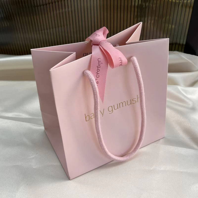custom logo gold pink white black nude blue yellow orange paper shopping packing bag for gift with ribbon handle