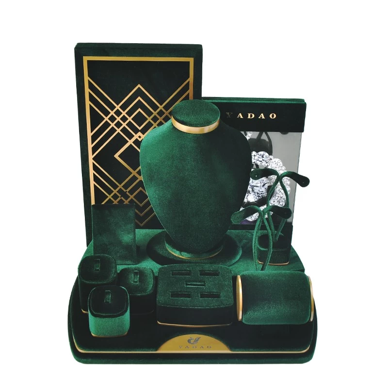 China Wholesale Velvet Jewelry Display Set Green Ring Earrings Stand with Metal for Showcase manufacturer