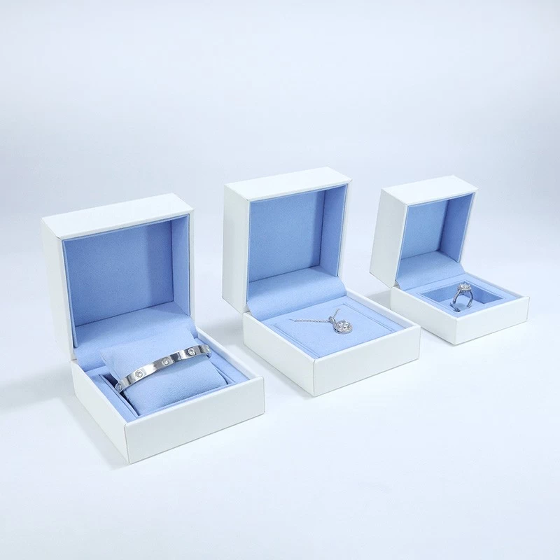 China Custom leather high-ed box jewelry packging display box blue with white manufacturer