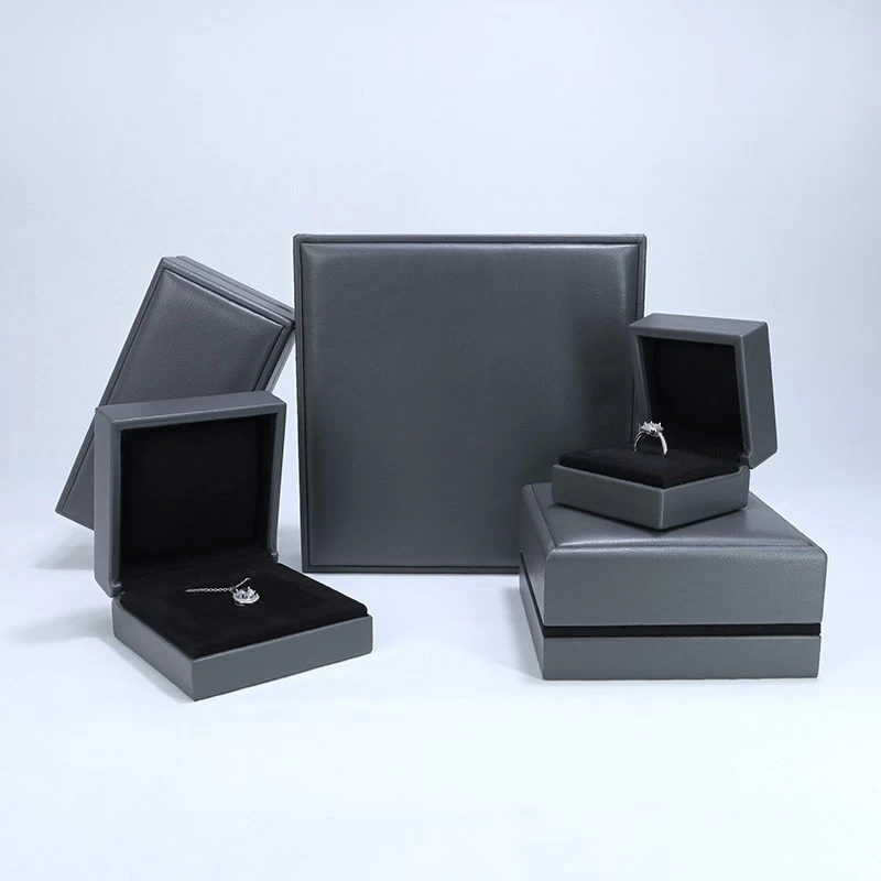 China new style dark gray leather box set ring earring necklace bangle bracelet box manufacturer