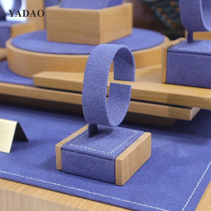 Blue purple wooden velvet jewelry display watch ring jewels stand display in china