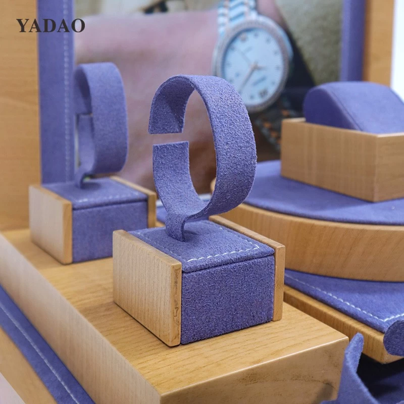 Blue purple wooden velvet jewelry display watch ring jewels stand display in china