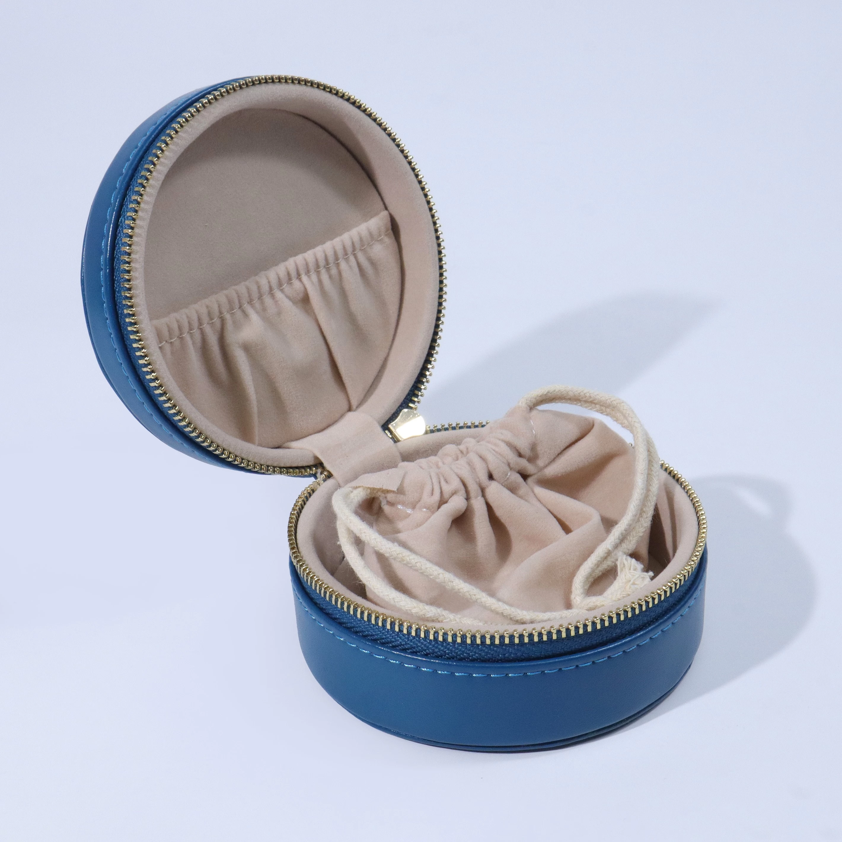High-end blue zipper jewelry box with a velvet pouch pretty jewelry case for gift custom logo