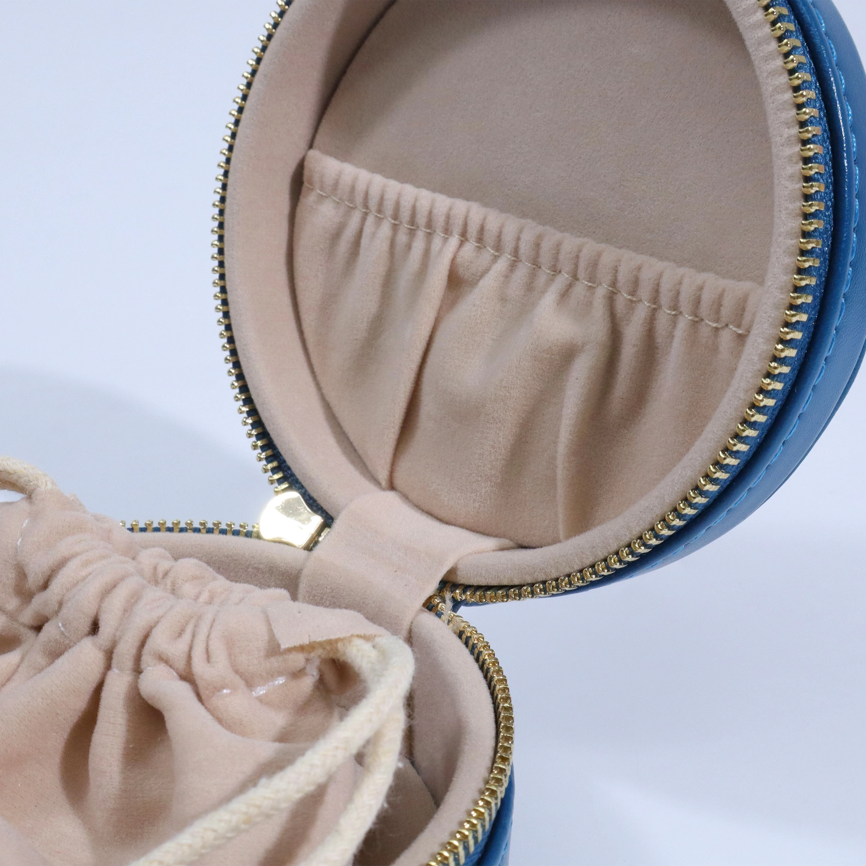 High-end blue zipper jewelry box with a velvet pouch pretty jewelry case for gift custom logo