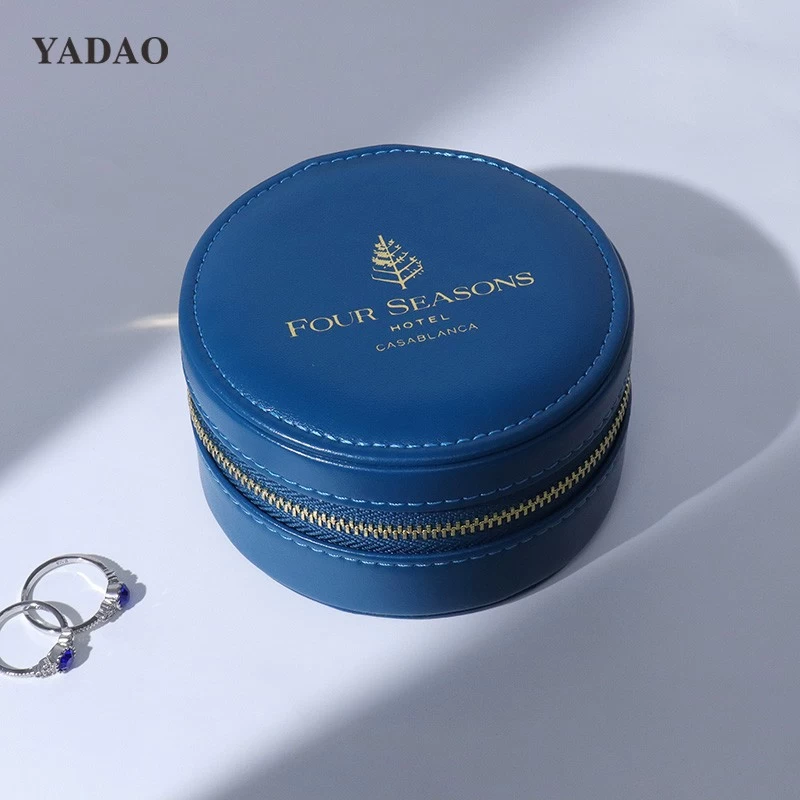 High-end blue zipper jewelry box with a velvet pouch pretty jewelry case for gift custom logo