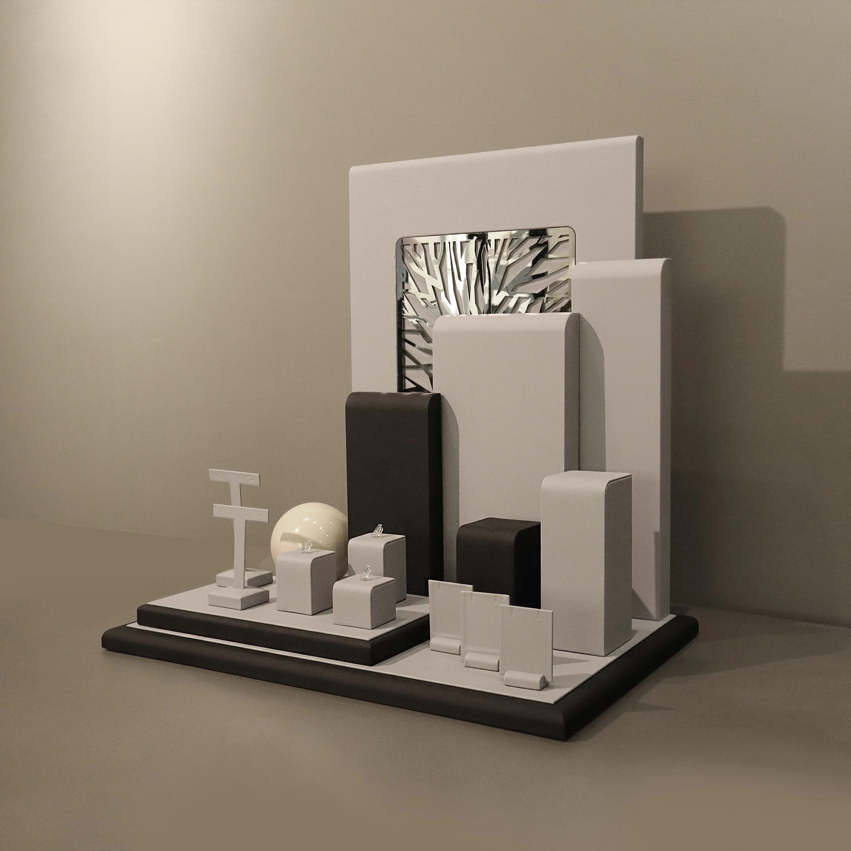 Gray black combination jewelry stand display Modern fashionable jewelry display set with tree pattern background