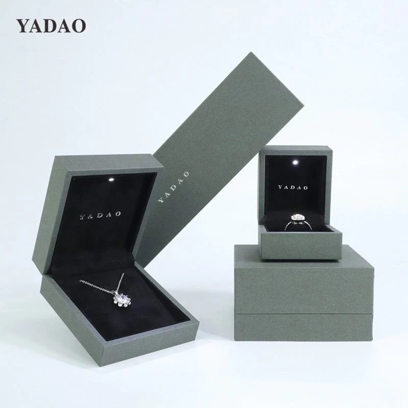 High-end gray brown jewelry box with led light LED Lighted Jewelry Storage Custom logo color size