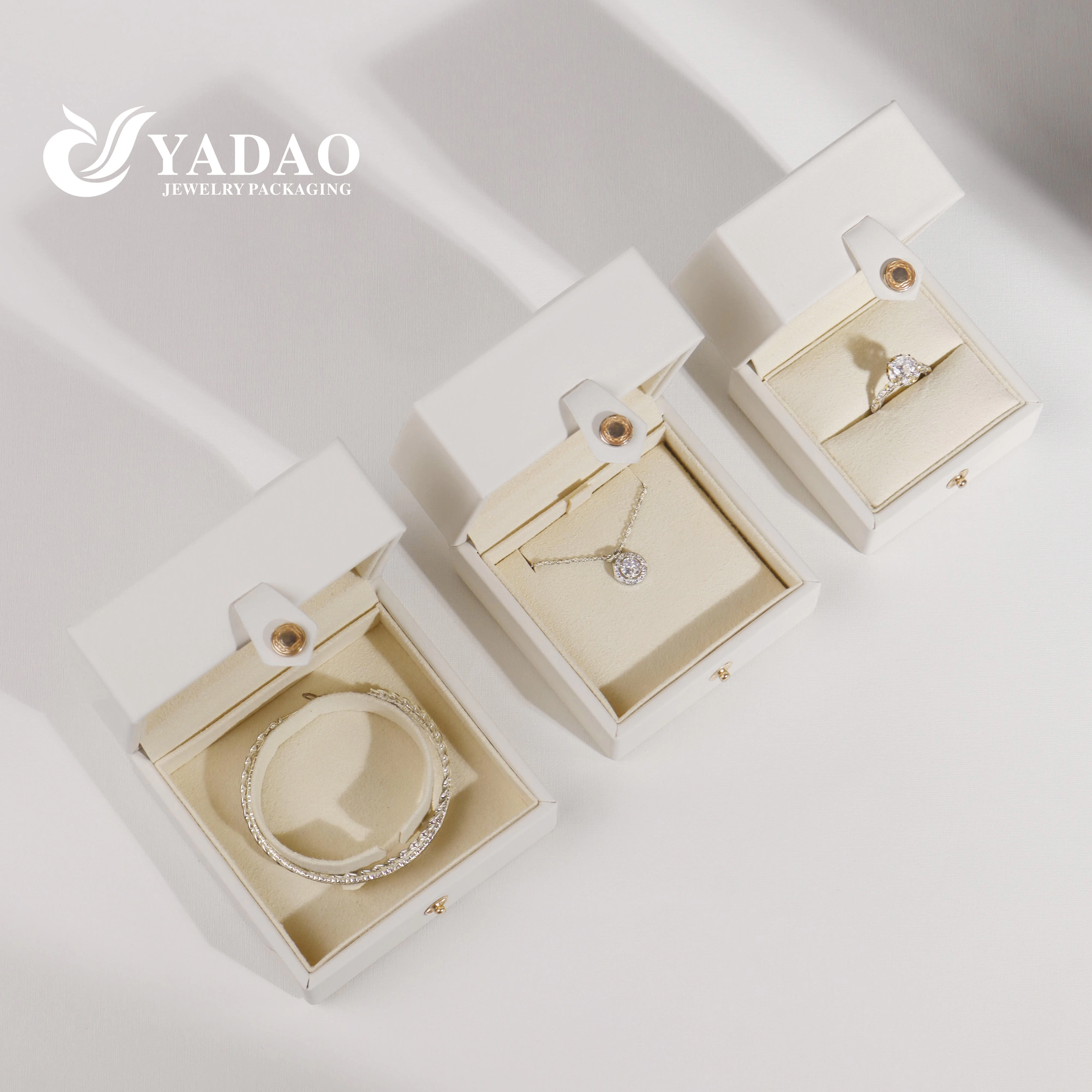 Elegant white leather high end jewelry wedding diamond ring packaging button customized design box