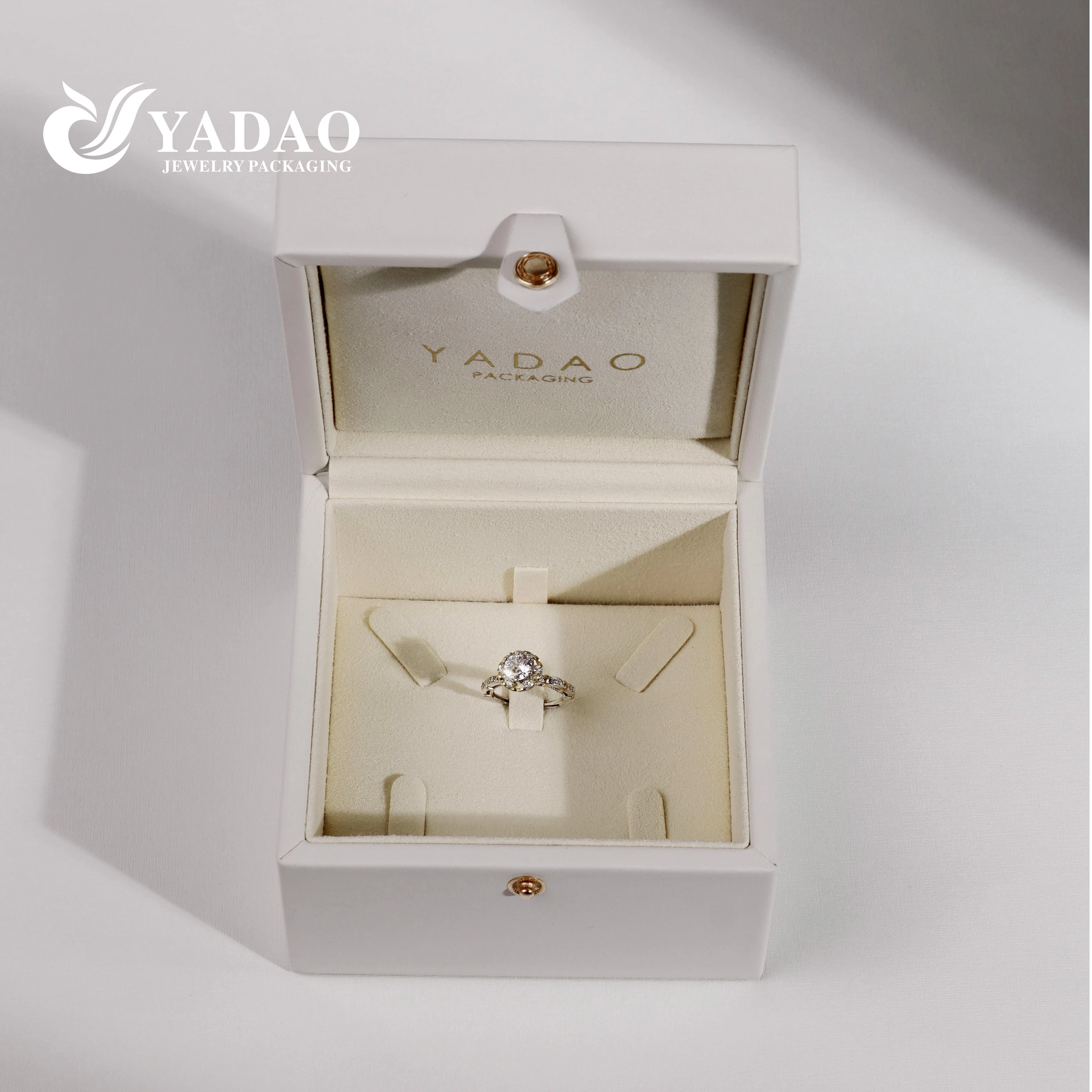 Elegant white leather high end jewelry wedding diamond ring packaging button customized design box