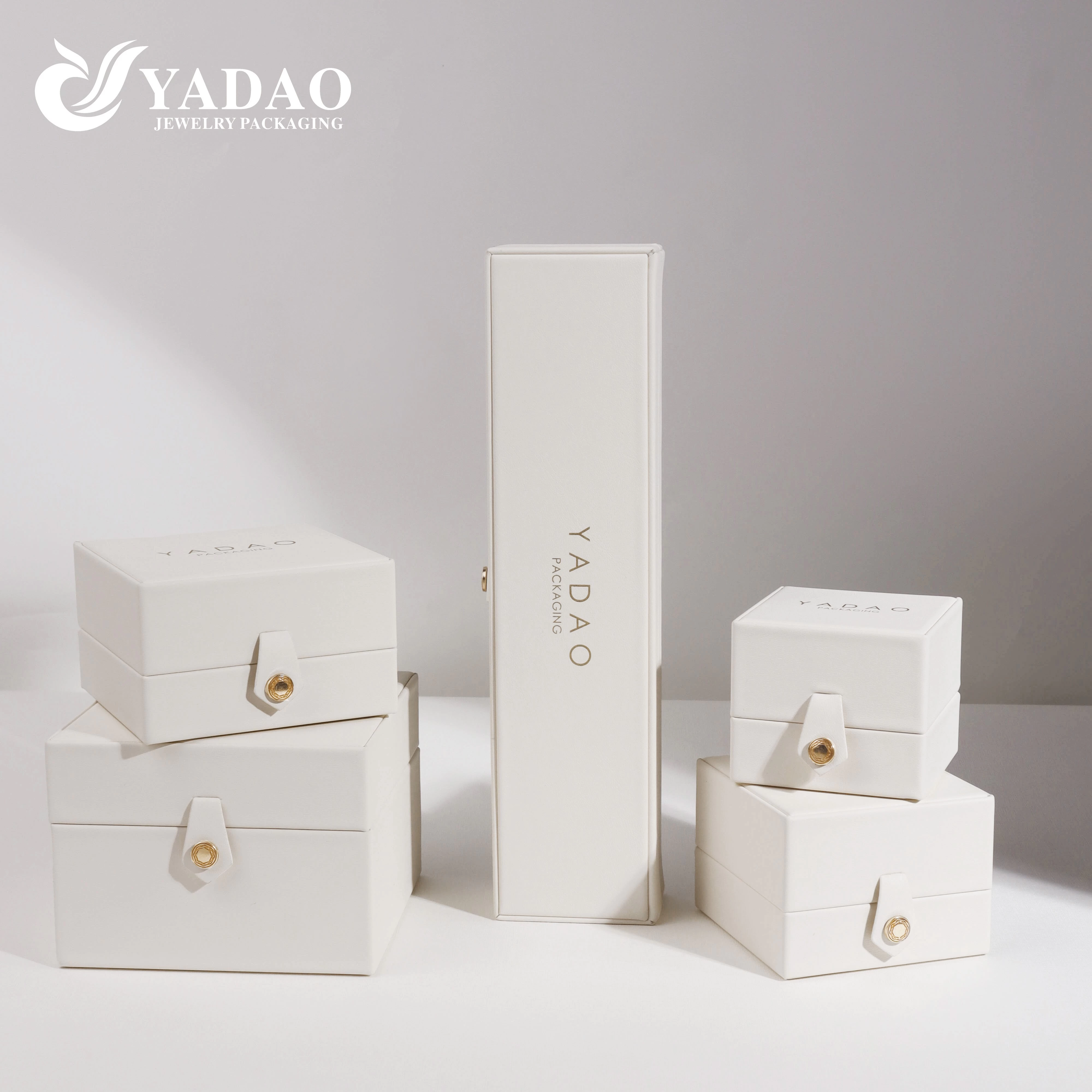 Elegant white leather high end jewelry wedding diamond ring packaging button customized design box