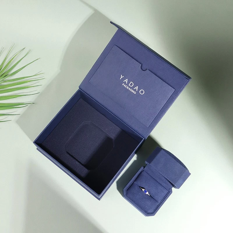 Marinblå Microfiber High End Fashion Design Jewelry Ring Box med lyxig yttre förpackningsfrakt