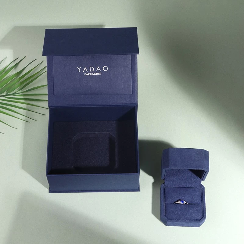 Marinblå Microfiber High End Fashion Design Jewelry Ring Box med lyxig yttre förpackningsfrakt