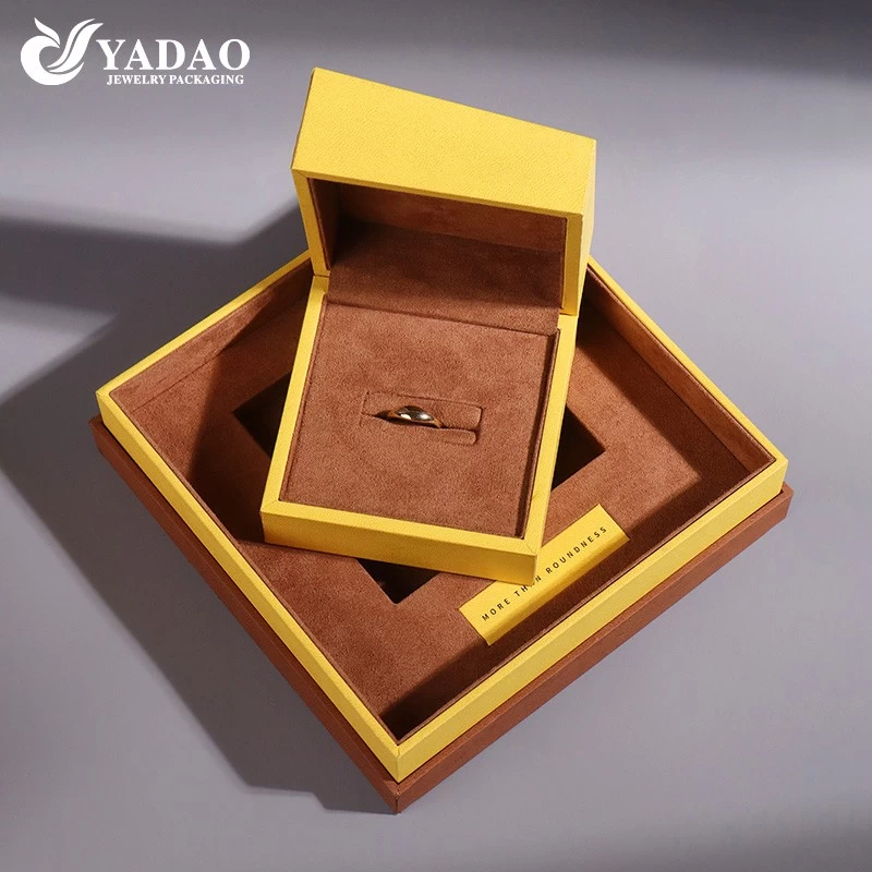 bright yellow pu paper luxury design fine jewelry box with outer packaging wedding ring