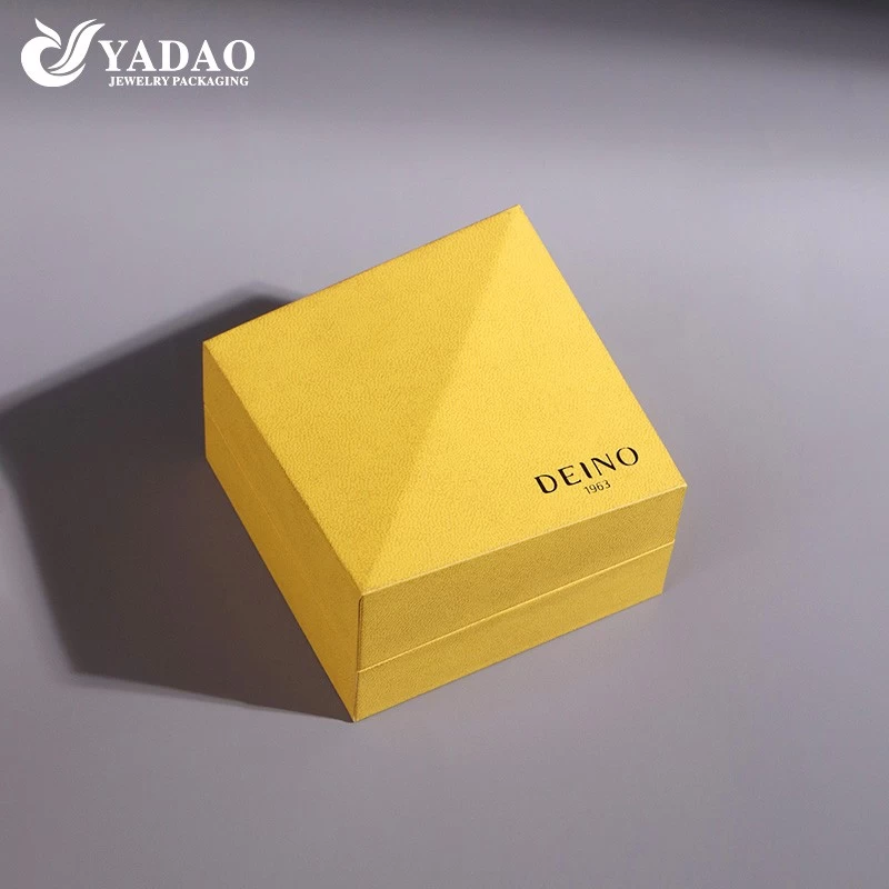 bright yellow pu paper luxury design fine jewelry box with outer packaging wedding ring