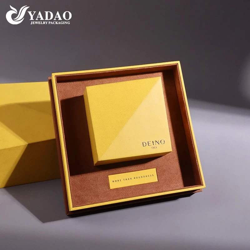 bright yellow pu paper luxury design fine jewelry box with outer packaging wedding ring