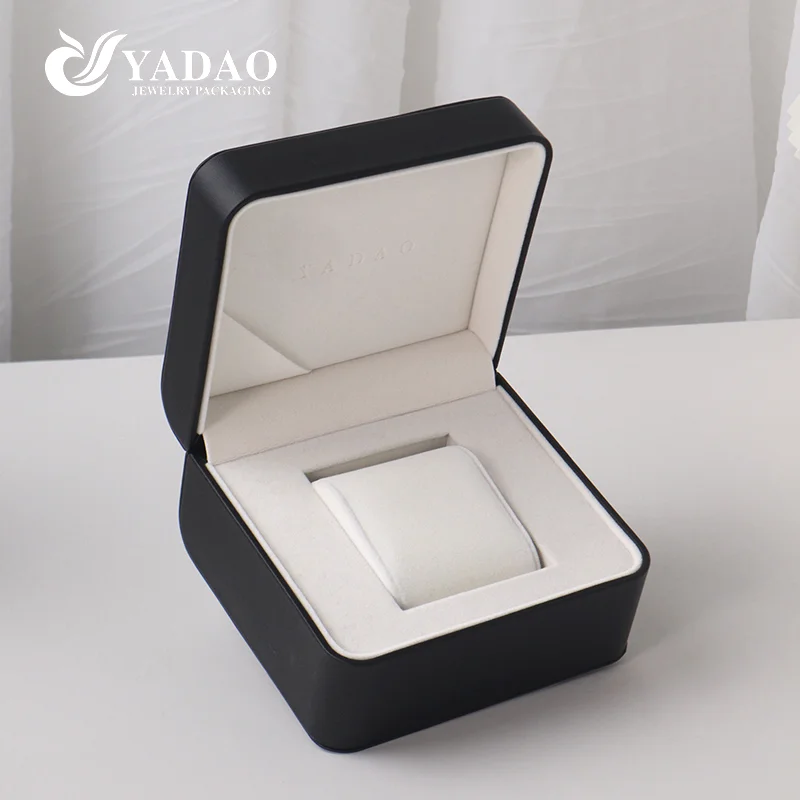 Echt leer, zwarte buitenkant, fluwelen binnenkant, hoogwaardige stijlvolle horlogeverpakking, displaydoos