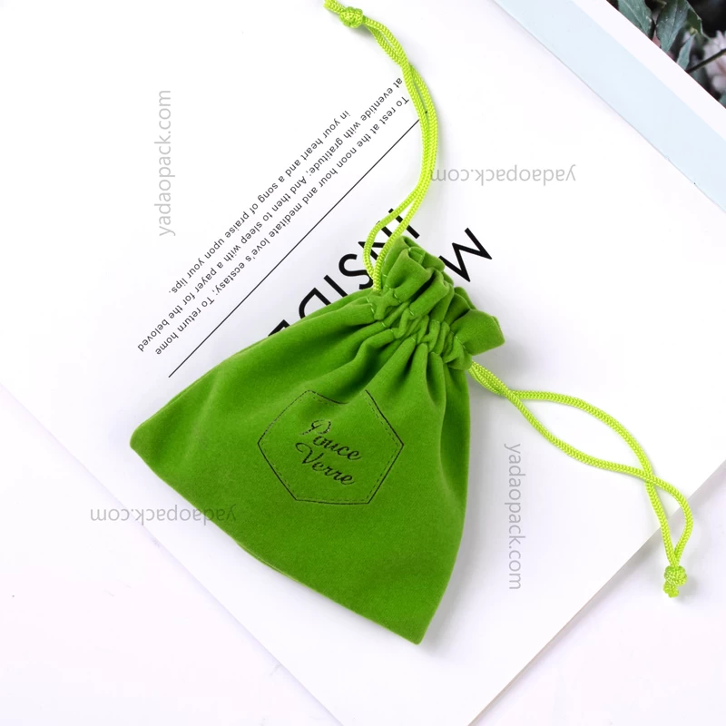 Green of leaves velvet pouch wholesales drawstring style packaging bag glasses storage bag manufacturer