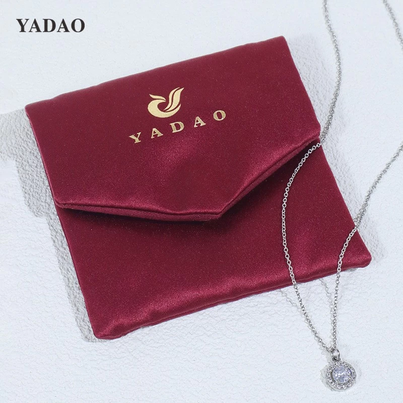 wine red color jewelry packaging pouch finished by satin and suede