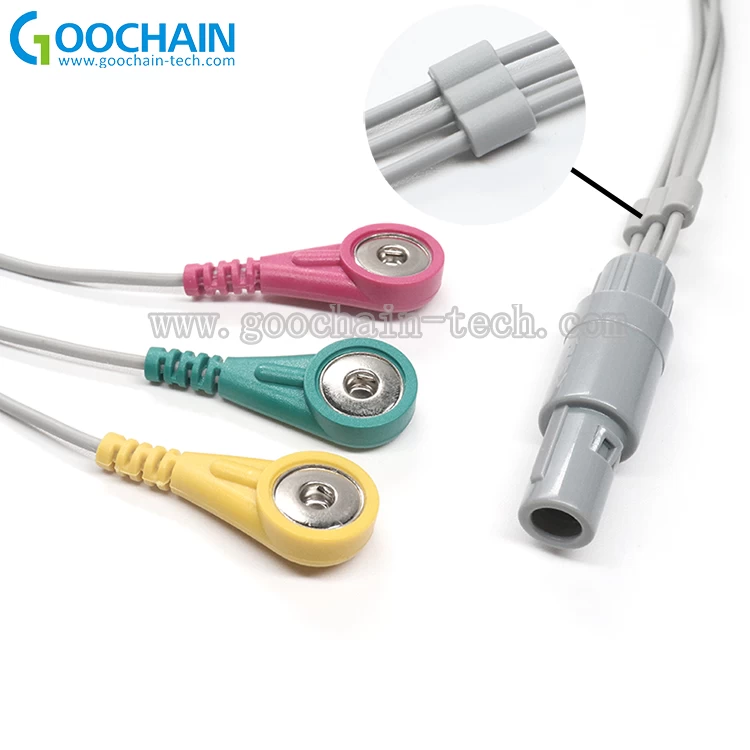中国 4PIN LEMO至3 LEADS 3.9mm 4.0mm ECG SNAP按钮电缆用于医疗设备 制造商