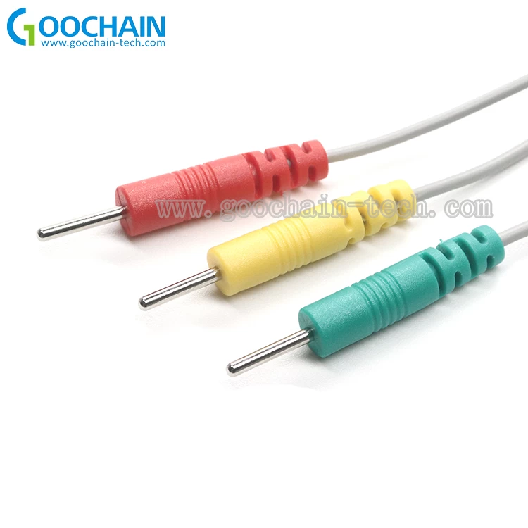 Cable de plomo Tens EMS personalizado, enchufe de 3.5 mm a 3 cables de electrodo de tenso de pines de 2.0 mm