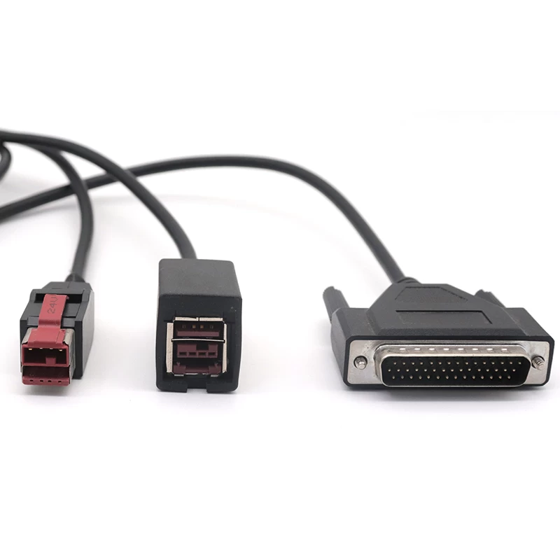 Custom DB44 Male to 24V PoweredUSB Male + 24V Powered USB Female splitter cable