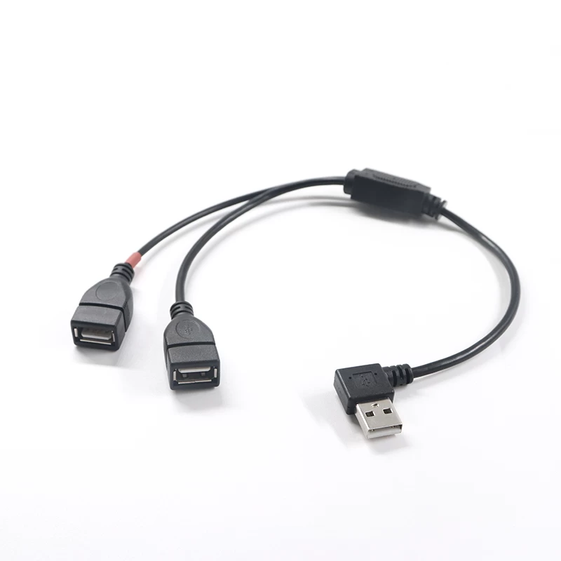 China 90 graden haakse USB 2.0 A Male Naar 2 Dual USB Female Jack Y Splitter Hub Netsnoer Adapterkabel fabrikant