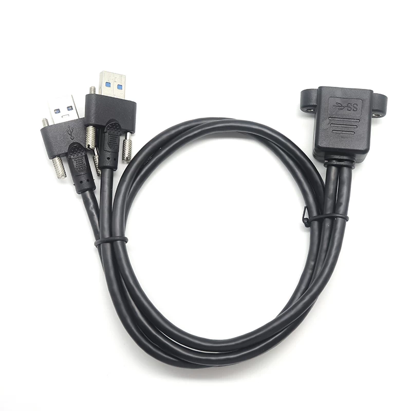 China Screw locking Dual USB 3.0 A male to Dual Female Screw Panel Mount Extension Cable manufacturer