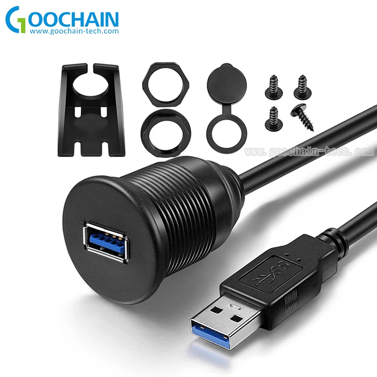 USB 3.0 防水螺丝面板安装仪表板冲洗延长电缆，适用于汽车、船、摩托车、卡车仪表板
